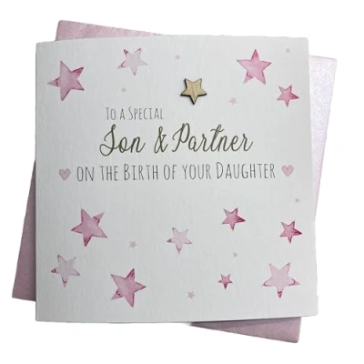Image of WHITE COTTON CARDS SON &amp; PARTNER BIRTH OF DAUGHTER PINK STARS NEW BABY CARD, HAND FINISHED (S521)