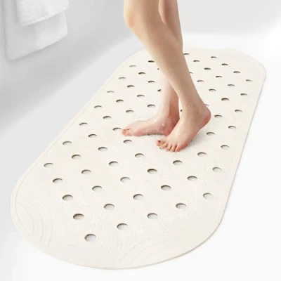 Image of SelfSuite Rubber Bathtub Mat Shower Non Slip, 39x16 Inch, Bath Tub Floor with Suction Cups and Drainage Holes, Ivory White