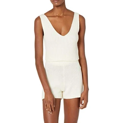 Image of The Drop Women&#039;s Sylvie Double V Neck Textured Rib Cropped Sweater Tank, Whisper White, S