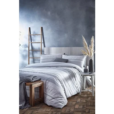 Image of Appletree Loft Sanya Cross stitch and textured stripes Duvet Cover Set Double Bed Size in Silver