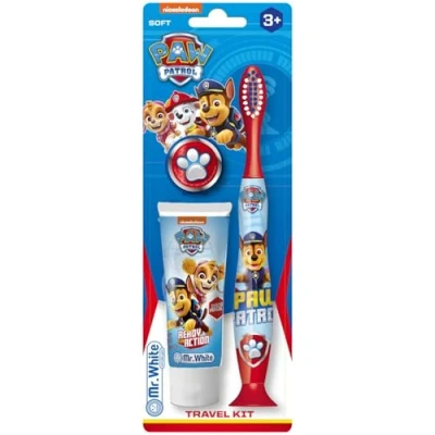 Image of Paw Patrol Kids Toothbrush Travel Set Contains Strawberry Flavour Toothpaste and with Protection Cap, Suction Cup, Comfortable Handle Soft Bristles for Children 3+