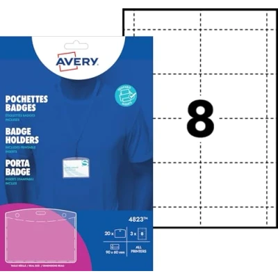 Image of Avery 4823 Plastic Badge Pockets x 20 with Printable Inserts 90 60 mm (8 Badges per Sheet 3 Sheets)