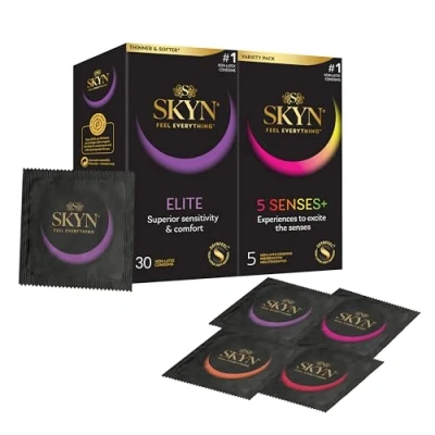 Image of SKYN Elite Condoms Pack of 30 &amp; 5 Senses / Skynfeel Latex Free for Men, Ultra Thin Soft Condoms, Raised Dots, Cocktail Flavoured, Warming, Cooling