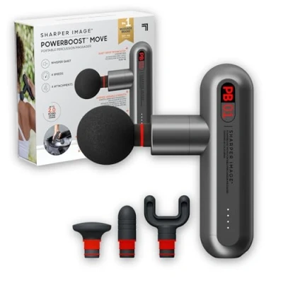 Image of Sharper Image PowerBoost Move Portable Percussion Massage Gun Electric Small Massager with 4 Attachments &amp; Speeds, Handheld Deep Tissue Vibrating for Muscle Relief, Athlete Recovery