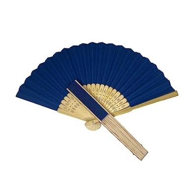 Image of Parev Navy Blue Paper Foldable Hand Held Bamboo Wooden Fan