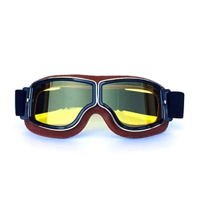 Image of HONCENMAX Vintage Goggles Sports Sunglasses Helmet Steampunk Eyewear for Outdoor Motocross Racer Motorcycle Cruiser Scooter Retro Brown Frame Yellow Lens