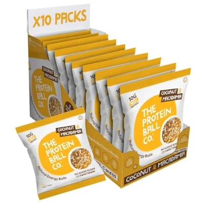 Image of Protein Balls Coconut &amp; Macadamia Flavour by The Ball Co Natural, Plant Based, Vitamin Enriched Snacks 10 x 45g Bags High Fibre, Gluten Free, No Artificial Sweeteners