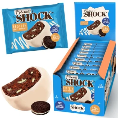Image of FitnesSHOCK Protein Brownie White Chocolate, No Added Sugar, 15%/7,5g Protein, 233kcal, Pre/Post Workout Snack Palm Oil, Filling dietary fibre, Soft Texture, 10x50g Cookie cream flavour