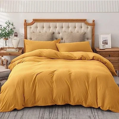 Image of AMEHA King Size Duvet Cover Sets Plain Dyed Quilt Bedding with Pillowcases Soft &amp; Breathable Microfibre Bed Set Ochre