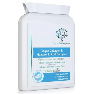 Image of Vegan Collagen &amp; Hyaluronic Acid Complex 60 Capsules Effective Skin, Hair Nails Formula with 500mg of Vollagen in The Exact Amino ratios Human D Biotin, Seaweed, Vitamins E&amp;C