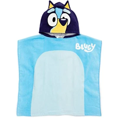 Image of Bluey Kids Towel Poncho Girls Boys Blue Animated Puppy Dog Character 3D Ears Bath TV Show Swimwear Beach Cover Up