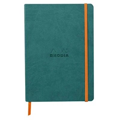 Image of RHODIA 117376C Peacock Soft Notebook A5 Lined 160 pages Ivory Clairefontaine Paper 90 g/m Bookmark, Elastic Closure Faux Leather Cover Rhodiarama Collection