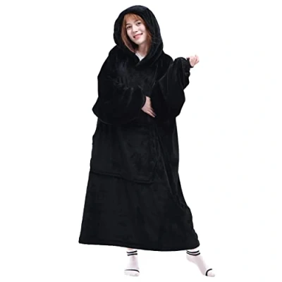 Image of Waitu Wearable Blanket Sweatshirt Gifts for Women and Men, Super Warm Cozy Big Hoodie, Thick Flannel with Sleeves Giant Pocket Black