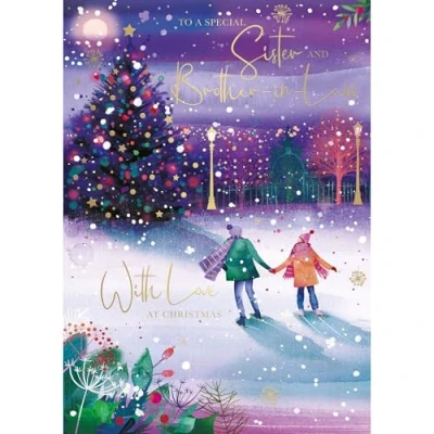 Image of Words N Wishes Special Sister &amp; Brother in Law Christmas Card Couple Ice Skating with Foil Finish Eco Friendly