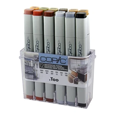 Image of COPIC Classic Coloured Marker Pen Set of 12 Architecture, for Art &amp; Crafts, Colouring, Graphics, Highlighter, Design, Anime, Professional Beginners, Supplies Colouring Books