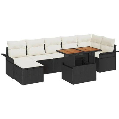 Image of vidaXL 8 Piece Garden Dining Set with Cushions Black Poly Rattan Acacia