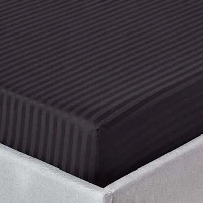 Image of HOMESCAPES Black Deep Fitted Sheet (12) King 330 TC 500 Thread Count Equivalent Satin Stripe Pure Egyptian Cotton Bed with Fully Elasticated Skirt