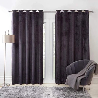 Image of Sienna Capri Shimmer Velvet Eyelet Curtains Ring Top Pair of Fully Lined Super Soft Charcoal, 90&quot; wide x drop