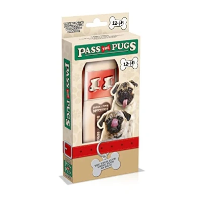 Image of Pass the Pugs Dice game, classic party and travel will you get a double faceplant or puppy love, first to 100 points wins, makes great gift for ages 6 plus