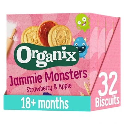 Image of Organix Jammie Monsters Strawberry &amp; Apple Biscuits, Organic Toddler Snack, 18+ Months, Multipack (8 x 8 g) (Pack of 4), Total 32 Biscuits