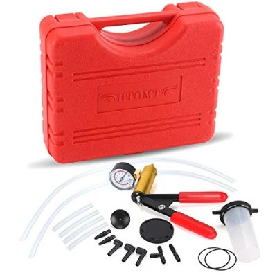 Image of HTOMT 2 in 1 Brake Bleeder Kit Hand held Vacuum Pump Test Set for Automotive with Protected Case,Adapters,One Man and Clutch Bleeding System(Red)