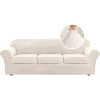 Image of LINGKY Velvet Sofa Cover 3 Seater With Separate Seat Cushion Covers, Stretch Couch Non Slip Slipcovers for Living Room Furniture Protector (Ivory,Large Seater)