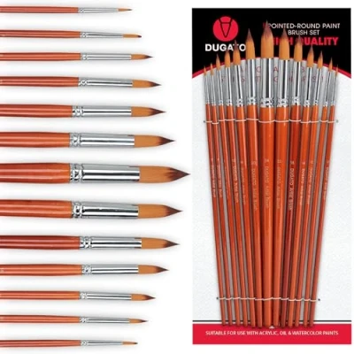 Image of Artist Watercolor Paint Brushes Set 13pcs Round Pointed Tip Soft Anti Shedding Nylon Hair Wood Long Handle Detail Brush for Watercolor, Acrylics, Ink, Gouache, Oil, Tempera, by Numbers