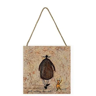 Image of Sam Toft Artwork (Just Walking the Cat Design) 20cm x 3cm Woodblock with Hanging Cord Official Merchandise