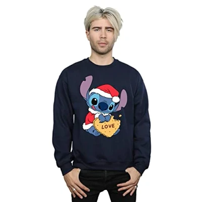 Image of Disney Men&#039;s Lilo and Stitch Christmas Love Biscuit Sweatshirt Navy Blue Small