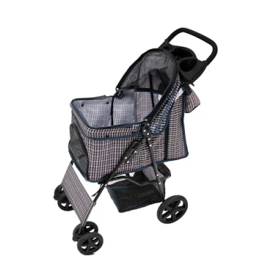 Image of Pet Stroller Pushchair &amp; Caddy Bag Organiser Detachable Woven Grey Foldable Carrier 15kg Capacity Wheels Brakes Dog Hook Leash Canopy Mesh Windows Basket Cup Holders Pockets Waterproof Rain Cover