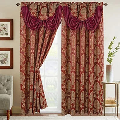 Image of Elegant Comfort Jacquard Look Curtain Panel Set with Attached Waterfall Valance, (Set of 2), 54 x 84 Inches, Burgundy/Gold