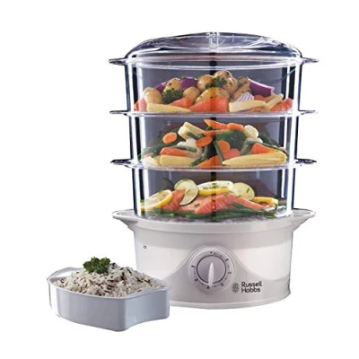 Image of Russell Hobbs 3 Tier Electric Food Steamer, 9L, Dishwasher safe BPA free baskets, Stackable 1L Rice bowl inc, 60 min timer, Steams in 40 seconds, Healthy eating, Energy saving, 800W, 21140