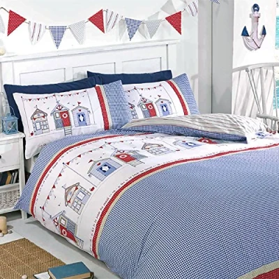 Image of Just Contempo Seaside Beach Hut Duvet Cover Set Double, Blue