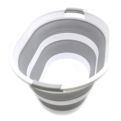 Image of SAMMART 34L Collapsible Plastic Laundry Basket Oval Tub/Basket Foldable Storage Container Portable Washing Tub Space Saving Hamper/Water Capacity 29L (Grey)