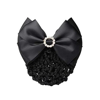 Image of 1Pcs Black Rhinestone Satin Bow Barrette Bowknot Snood Net Hair Clip Bun Cover Hairnet Decor French Women ladies Girls Accessories