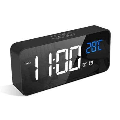 Image of LATEC Digital Alarm Clock with Big LED Temperature Display, Bedside 10 Sounds, 4 Levels Adjustable Brightness Dimmer, Snooze, Portable Mirror Dual
