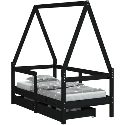 Image of vidaXL Kids Bed Frame with Drawers Black 70x140 cm Solid Wood Pine