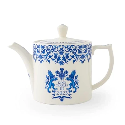 Image of Portmeirion Home &amp; Gifts KCC00600 Spode King Charles III Coronation Teapot 1.1L, Blue White Pattern UK Made
