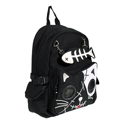 Image of Banned Apparel Kitty Speaker Backpack Fish Bone Purse 3.5mm Aux