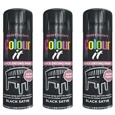Image of HitlineUK 3 x SATIN BLACK PAINT AEROSOL COLOUR IT SPRAY CAN QUICK DRYING DIY PLASTIC METAL WOOD 250ML