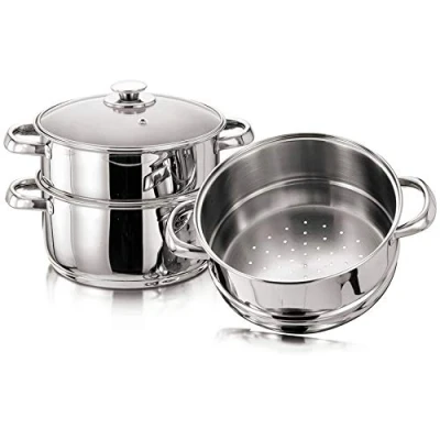 Image of 22 cm Euro Steamer Cookware Set with Glass Lid &amp; Handles Stainless Steel Pan 3 Tier Pot CAPSULATED Bottom Prima Kitchen Home Cook Chef Healthy Veg Cooking Housewarming Gifts UK Free P&amp;P