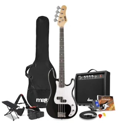 Image of Max GigKit Electric Bass Guitar Starter Kit with 40W Amplifier, Stand, Footrest, Strap, Bag, Tuner and Strings Set Full Size, Black