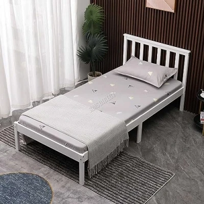 Image of WestWood Single Bed Solid Pine Frame Headboard Durable Shaker Style Low Foot End Wooden Platform With Wood Slat Support Bedroom Furniture Strong Legs Adults Kids Teenagers White
