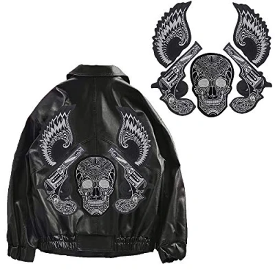Image of EMDOMO Large Skull Guns Patches Wings Embroidery Stickers for Punk Jacket Iron on Appliques Badges 1 set
