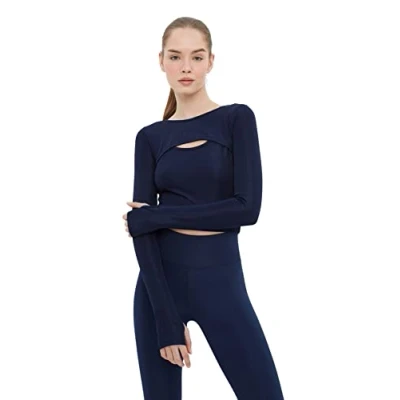 Image of Trendyol Women&#039;s Woman Sportswear Crop Standard Crew Neck Knit Blouse Shirt, Indigo, M UK