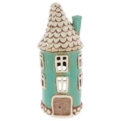 Image of Shudehill Giftware Village Pottery Round Heart House Tealight Holder Blue, Pink, Grey &amp; Teal (Teal)