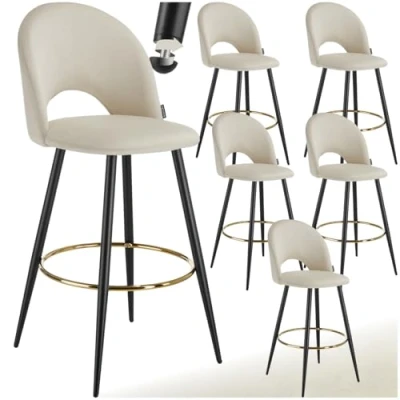 Image of TecTake® Set of 6 Bar Stools with Soft Velvet Look Covers &amp; Curved Backrests, Padded Stool Flared Steel Legs Footrests, Ideal as Kitchen Island Dining Chairs Cream/Black