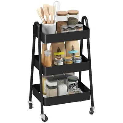 Image of HOMCOM 3 Tier Storage Trolley on Wheels, Rolling Utility Cart with Handles, Mobile Kitchen for Living Room, Dining Bedroom, Bathroom, Black