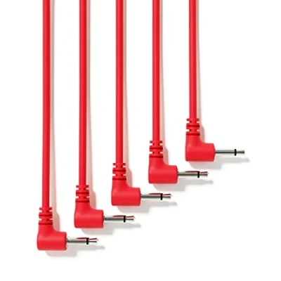 Image of ExcelValley 5 Pack Right Angle Mono Modular Patch Cables 3.5mm 1/8&quot; Eurorack Synthesizer [Red 10 cm 4&quot;]