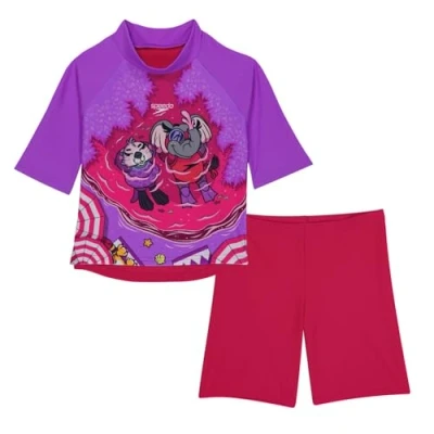 Image of Speedo Infant Girl&#039;s Learn to Swim Sun Protection Top &amp; Shorts Junior Girls Holiday Wear UV Protection, Cherry Pink/Sweet Taro, 4 Years